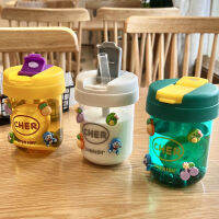 Water Bottles for Girls Plastic Portable Outdoor Household Sports Tea Cup with Straws 3D Sticker Cute Kids Water Bottle 300ML