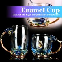 ㍿ﺴ☸ Creative Blue Rose Enamel Crystal Tea Cup Coffee Mug Butterfly Flower Water Cups Clear Glass For Hot Cold Drinks With Spoon Set