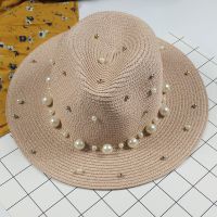 Sunshade Summer England Flat Brim Straw Hat Pearl Beaded Top Hat Ladies Sunshade Sunscreen Jazz Hat Outdoor Beach Hat Wholesale