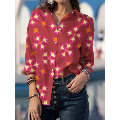 [COD] 2022 Fashion Womens Sleeve Shirt Feather Printed Office Buttons