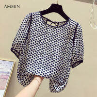 AMMIN Tops 2021ฤดูร้อนใหม่สไตล์ Western สั้นกลมคอแขนสั้นเสื้อนอกที่ใส่เข้ากับทุกชุด Polka Dot พิมพ์ผ้าชีฟองแขนพองเสื้อ