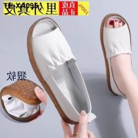 ?✔ Broken code pure leather sandals womens summer flat beef tendon soft bottom pregnant women non-slip hollow out spring and autumn fish mouth white shoes