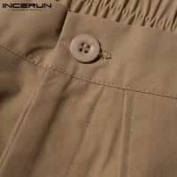 INCERUN Mens Japanese Style Fashion Elastic Waist Solid Color Loose Straight Long Pants