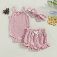 Summer New Baby Clothes Toddler Girls 3Pcs Outfits Cotton Casual Sleeveless Waffle Knit Romper + Shorts + Headband Suit Set  by Hs2023