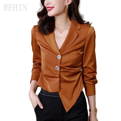 REHIN เสื้อเชิ้ตแขนยาวผู้หญิง,เสื้อเบลาส์แฟชั่นใหม่ฤดูใบไม้ร่วงและฤดูหนาวปี2021มีจีบพิเศษ