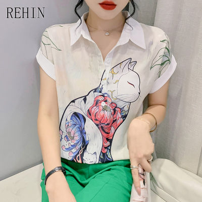 REHIN เสื้อเชิ้ตแขนสั้นของผู้หญิง,เสื้อเบลาส์มีปกทรงหลวมพิมพ์ลายการ์ตูนหรูหราใหม่ฤดูร้อน
