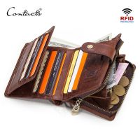 ZZOOI CONTACTS Genuine Leather RFID Vintage Wallet Men With Coin Pocket Short Wallets Small Zipper Walet With Card Holders Man Purse
