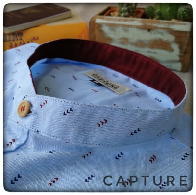 Capture Shirt เสื้อเชิ้ตผู้ชาย แขนยาวคอจีน ลายธนู สีบลูยีนส์  มีถึงอก 48 นิ้ว