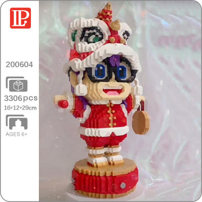 LP 200604อะนิเมะ Dr.slump เทศกาลฤดูใบไม้ผลิ Arale Lion Dance หมวกรุ่น Mini Diamond Blocks อิฐของเล่นสำหรับเด็กไม่มีกล่อง