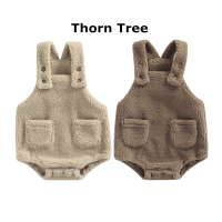 Thorn Tree Baby Plush Romper แขนกุดการออกแบบสลิงการออกแบบกระเป๋าตกแต่งด้านล่าง snap snap jumpsuit