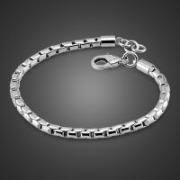 Real 100 925 Sterling Silver Box Chain Bracelets For Boys &amp; Men Fashion 5MM 20cm Snake Chain Punk Style Cuff Jewelry Woman