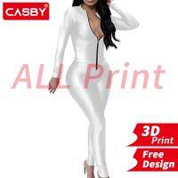 Streetwear White Sexy Bodycon Jumpsuit Women 2022 Long Sleeve Skinny 3D Print Custom Logo All Design DIY Free