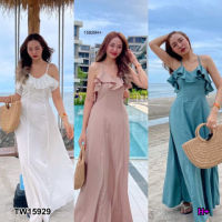 B15929 แม็กซี่เดรสสายเดี่ยวสานหลังรอบอกระบาย Maxi dress, single strap, back weave, chest vent