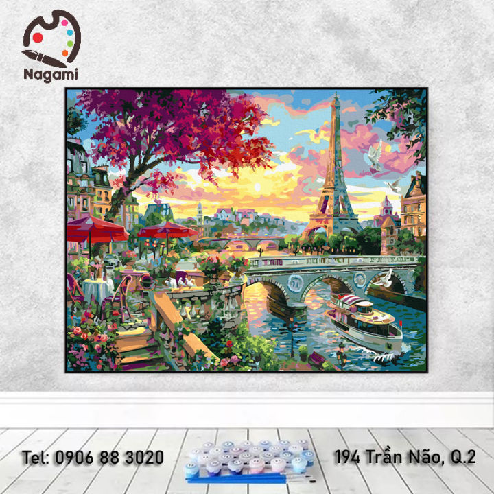Tranh số hóa Nagami Phong cảnh thành phố ven sông tháp Paris [khung dày  ]-DIY Painting 