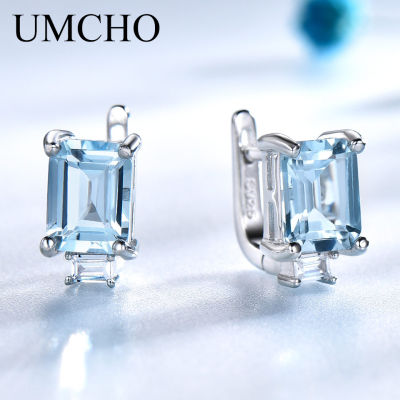 UMCHO Sky Blue Topaz Clip Earrings for Women Solid 925 Sterling Silver Princess Cut Trendy Silver 925 Jewelry Birthstone Gift