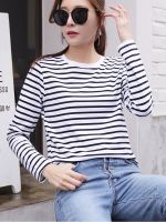 2022 Womens Spring Long Sleeve T Shirt O-Neck Striped 95% Cotton Tops Casual T-Shirts Women Tees Blusa