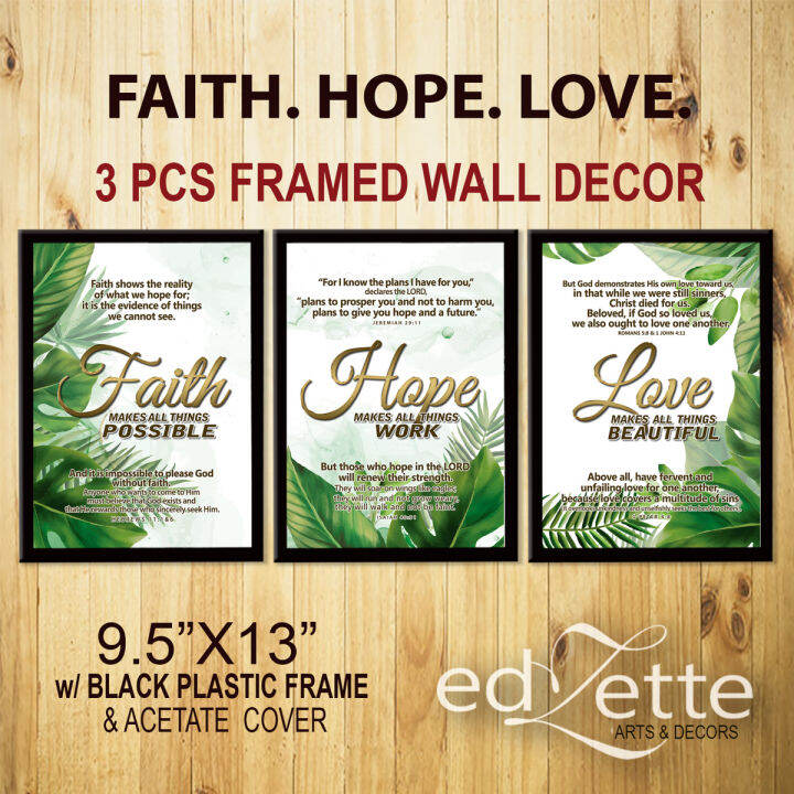 FAITH HOPE LOVE DECOR- 3pcs WALL DECOR w/ FRAME / 9.5X13 or 9X9 inches