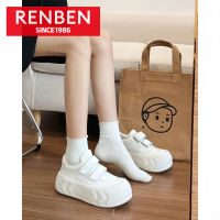 RENBEN รองเท้ารองเท้าผ้าใบลำลองส้นหนาสำหรับผู้หญิง,รองเท้าพื้นรองเท้าสีขาวหนาติดตีนตุ๊กแก