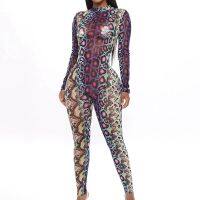 Snake Pattern Sexy Bodysuit Womens Backless One-Piece Long-Sleeved Fashion Fitness Long Jumpsuit