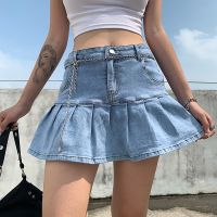 【CC】 y2k Pink Denim Pleated Skirts Woman Fashion Korean Waist Skirt with Lined Hot 2020