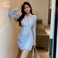 Korean Chic Autumn Folds Retro Womens Dress Slim Waist A Line High Waist Long Sleeve Shirt Dress Mini Casual Vestido De Mulher