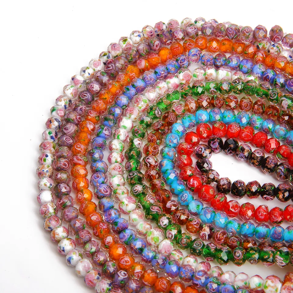 10pcs/lot Faceted Murano Transparent Rondelle Pink Red Green Flower  Lampwork Crystal Glass Beads for DIY Bracelet Making Women - (Color:  Green/Item