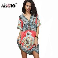 New Product Summer Style Women Dress  Bat Sleeve V-Neck Beach Dresses Mini Print Slim Ladies Vestidos Mujer Casual Dress