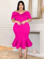 ZZOOI Fuchsia Off Shoulder Dress Plus Size 4XL Women Elegant Cocktail Evening Party Outfits Summer Ruffles Knee Length Event Gowns