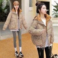 Checkerboard ฤดูหนาวลงเสื้อเบาะผู้หญิงสั้นหนาหลวม Hooded Coats522