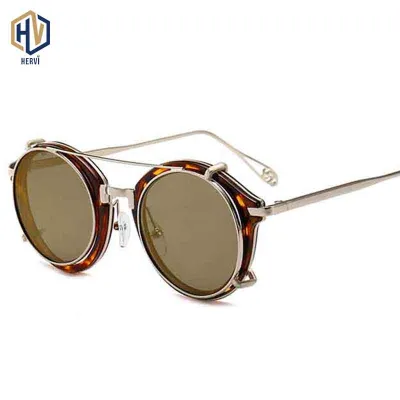 Retro Steampunk Round Clip On Sunglasses Men Women Double Layer Removable Lens Detachable Shades Clear Lens Hollow Legs Glasses