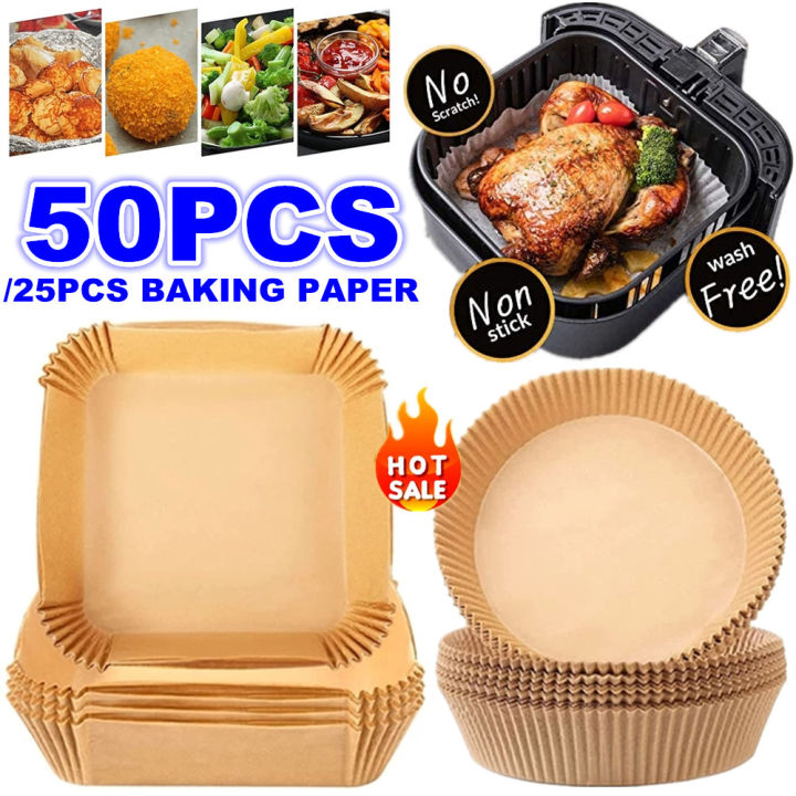 25/50pcs Air Fryer Disposable Paper Liner Non-Stick Air Fryer Parchment  Paper Liners Baking Paper Filters For Micro-wave