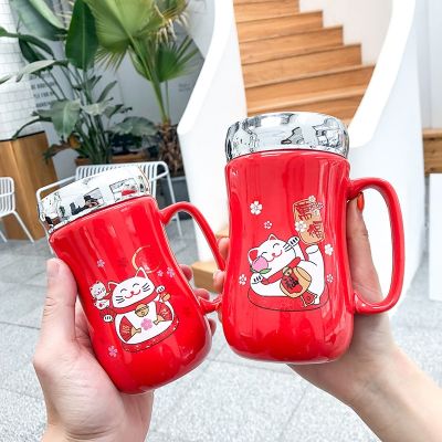 【High-end cups】450มิลลิลิตรเทศกาลแมวโชคดีกระจกแก้วเซรามิกสร้างสรรค์แก้วป้องกันการรั่วฝาปิดผนึกที่มีการจัดการแก้วกาแฟน่ารักการ์ตูนแมวแก้ว