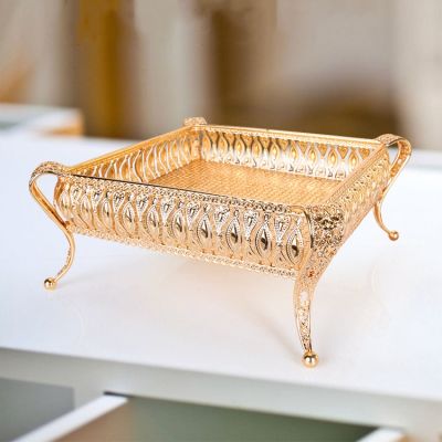 Metal Tray Luxury Gold Finish Hollow Plate Nuts Fruit Cake Stand Wedding Centerpieces Home Table Decoration