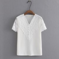 【มีไซส์ใหญ่】Plus Size Womens XL-4XL V-neck White Black Summer T-shirts Oversized Lace Patchwork Female Tops Short Sleeve Slim Top