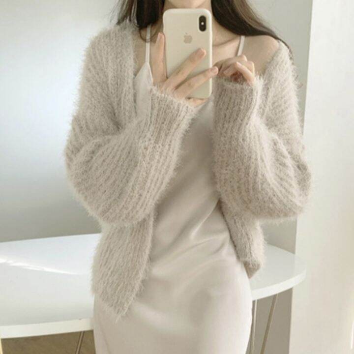 cod-korean-ins-autumn-and-winter-all-match-retro-loose-sleeves-soft-waxy-furry-knitted-cardigan-sweater-short-coat-female