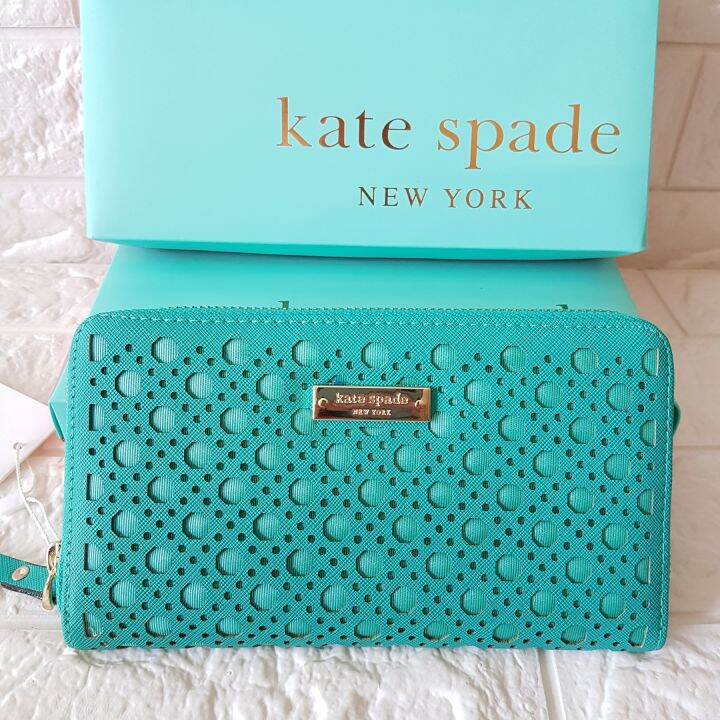 Kate Spade Classic Leather Zip Around Wallet Teal Newburry Lane Caning Circles Perforated