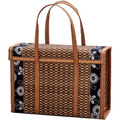 Picnic Woven Basket Wicker Storage Bag Handle Folded Fruit Shopping Food Handle Rattan Grass Foldable Bamboo Basket