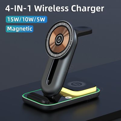 ⊙℡◊ 15W Magnetic Wireless Charger Stand For iPhone 12 13 14 Pro Max LED Charging Station For Airpods Apple Watch 7 6 5 4