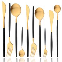 （glistening shop） Drmfiy 6Pcs Black Gold Cutlery SetTableware SetFork Stings