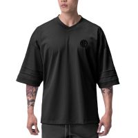 Oversized Gym Bodybuilding Loose Casual Mesh Short Sleeve T-shirt Summer Breathable Men Street Fashion Hip Hop Cool V Neck Shirt