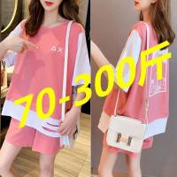 CODtianjia6731 Oversized womens summer new casual shorts suit womens fat mm300 kg belly covering westernized short sleeve two-piece set大码女装夏季新款休闲短裤套装女胖mm