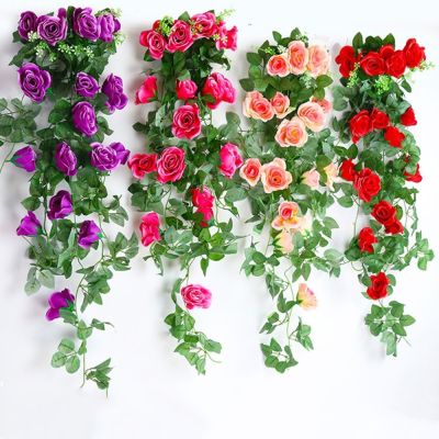 [AYIQ Flower Shop] ดอกกุหลาบประดิษฐ์เถาไม้เลื้อยแขวนผนังสายคาดประดับตกแต่งปาร์ตี้งานแต่งงานในสวนบ้านดอกไม้ปลอม
