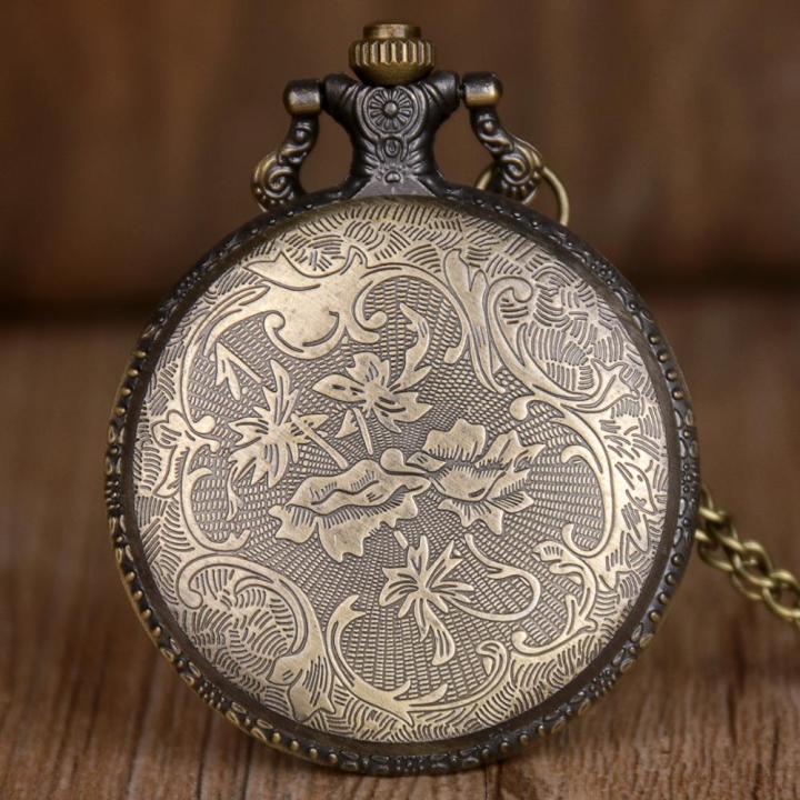 นาฬิกาควอตซ์นำโชคมีสำริดตกแต่งแบบเก่าการ์ดของขวัญสายโซ่จี้สร้อยคอสำหรับผู้ชายและผู้หญิง