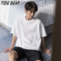 TIDE BEAR เสื้อยืดคอกลมแขนสั้นผู้ชายคู่ผ้าแจ็คการ์ดสามมิติแขนสั้นหลวมสีทึบถักแบบเสื้อยืดคอกลมของผู้ชาย