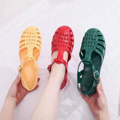 【lowest price】Candy colored sandals for women wearing flat bottomed hollow out buckle Roman shoes