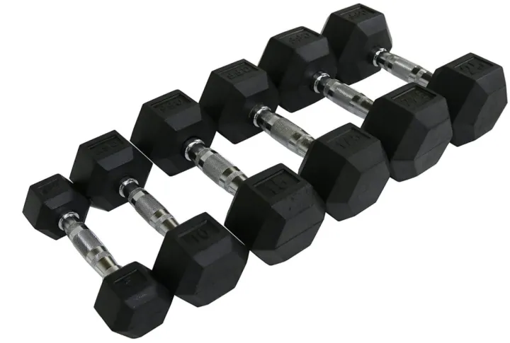 Rubber Coated Cast Iron Hex Dumbbell, 25lbs Single 