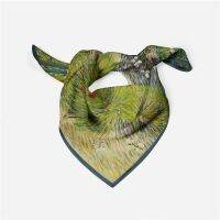 53CM Twill Silk Square Scarf Woman Van Gogh Grass And Butterflies Wraps Bandana Small Hijabs Foulards Muslim Headband For Ladies