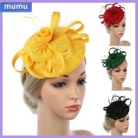 MUMU สาวๆ คลิปหนีบผม Fascinator หมวกสำหรับงานแต่งงาน หมวกประดับขนนก อุปกรณ์เสริมผม ตาข่ายดอกไม้