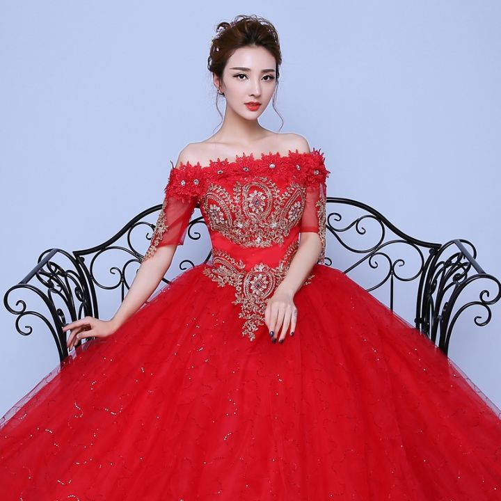 ชุดเดรสปอมเฟร็ทสีแดงเปิดไหล่ข้างเดียวสไตล์เกาหลีสำหรับเจ้าสาวในพิธีชุดแต่งงานวัยผู้ใหญ่-qs1130เพรียวบาง