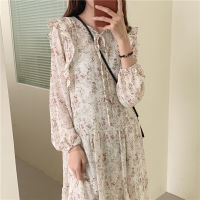 HziriP Draped Belt Folds O-Neck Dress Lantern Sleeve Patchwork Printing Floral Dresses  Autumn Loose Casual Fashion Elegant